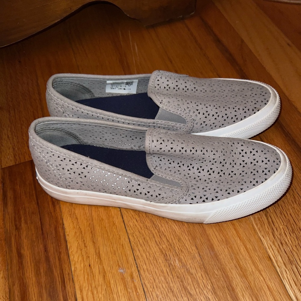 Grey and white sperry size 6